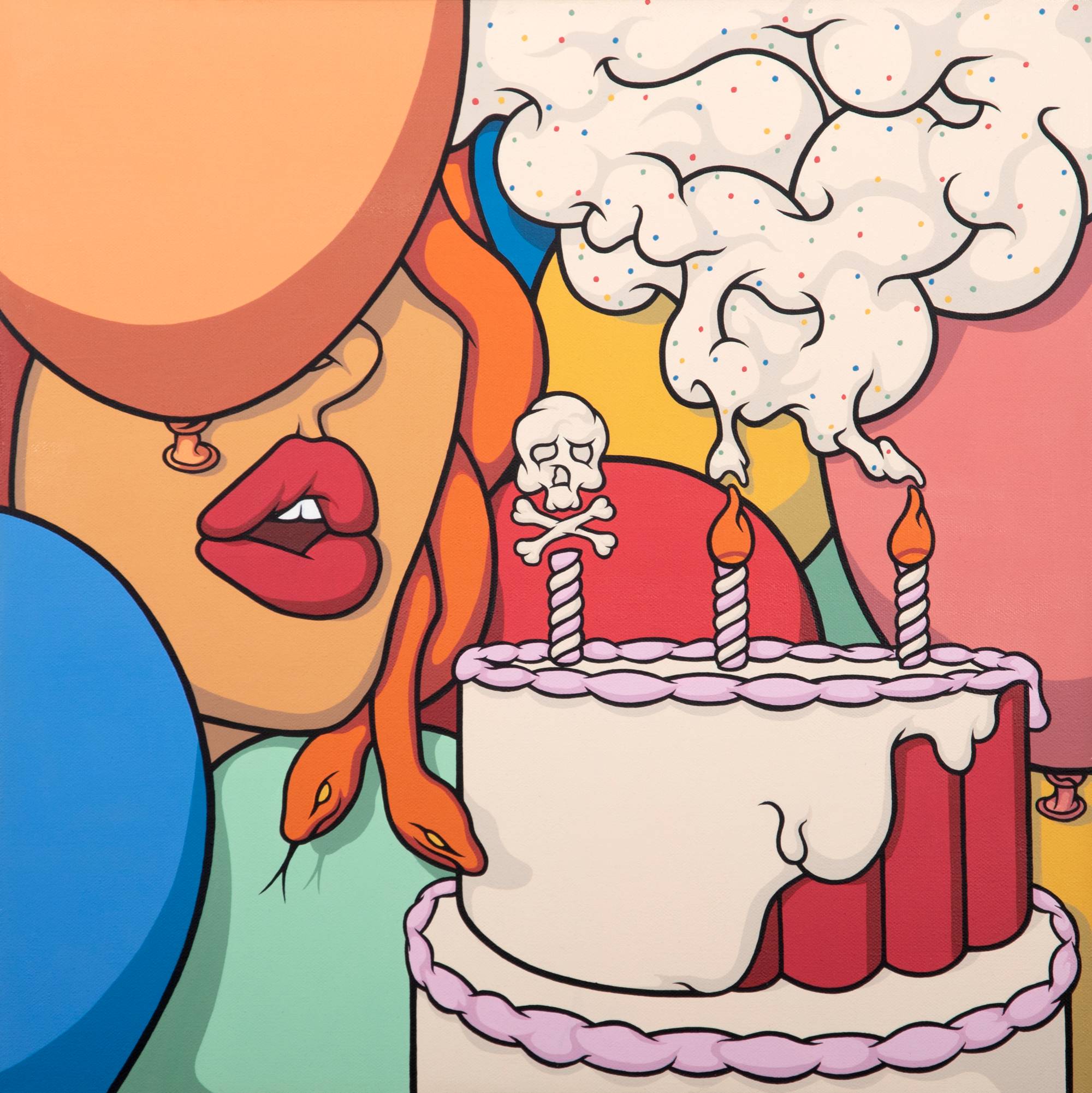 Colorful painting of a person blowing out birthday candles